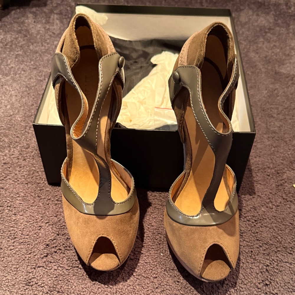 L.A.M.B. Tan and Gray Peep-Toe Heels